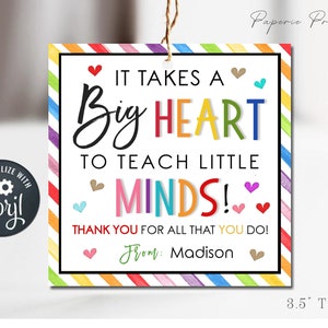 EDITABLE Thank You Teacher Appreciation Tag, Take BIG Heart Teach Little Minds Tag, Teacher Appreciation Tag, DIY Edit with Corjl - #STG49