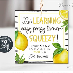 EDITABLE Teacher Appreciation Gift Tag, Lemon Teacher Appreciation Tag, Easy Peasy Lemon Thank You Teacher Tag, DIY Edit with Corjl - #STG48