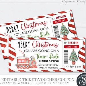 Puede incluir: Dos billetes de tren de Navidad imprimibles con fondos de rayas rojas y blancas. Los billetes son para Madison y Braydin y dicen "Feliz Navidad Vas a dar un paseo en tren a casa de Nana y Papa" con una fecha del 12/15-12/22 y una hora "Todo el fin de semana".