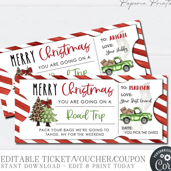 EDITABLE Road Trip Christmas Gift Coupon, Christmas Gift Voucher Weekend Getaway, Road Trip, Stocking Stuffer, Digital Edit w/Corjl #CT23(4)