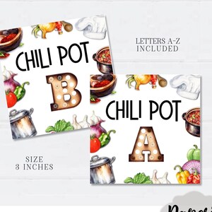 Puede incluir: Números de olla de chili imprimibles para un concurso de chili con un diseño de olla de chili y letra. Las letras son A y B. El diseño tiene un tamaño de 7,6 cm. Se incluyen las letras de la A a la Z.