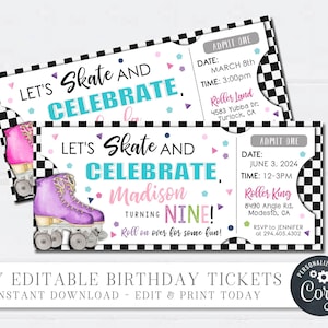 EDITABLE Skating Birthday Ticket Invite, Girl Roller Skating Birthday Party Ticket, Let's Skate Birthday Invitation - DIY Corjl - #BP79