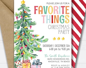 May include: A DIY editable Christmas party invitation template. The design features a watercolor Christmas tree with colorful lights and gifts. The invitation includes the text "Favorite Things Christmas Party" and event details.