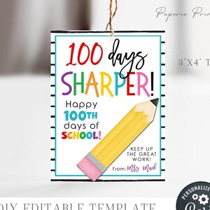 EDITABLE 100 days SHARPER School Gift Card, 100 Days of School Gift Tag, One Hundred Days of School, School Tag, Edit with Corjl -  #STG65