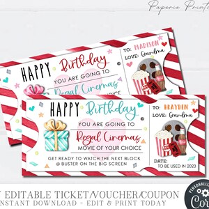 Vale de regalo de cumpleaños de cine EDITABLE, cupón de regalo de cumpleaños de cine, boleto de cumpleaños de cines imprimible, DIYd Corjl, #BC05(40)