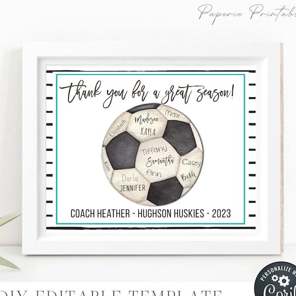 EDITABLE Soccer Coach Gift Printable, Coach Appreciation Gift, Team Gift for Coach Printable, Coach Gift, Corjl - DIY with Corjl, #CO13