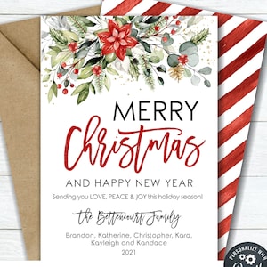 EDITABLE Merry Christmas & Happy New Year - No Photo Christmas Card - Floral Christmas Card - Business Christmas Card -DIY Edit Corjl-#CC103