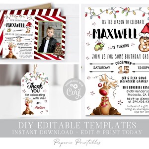 EDITABLE Christmas Birthday Bundle - Boy or Girl Christmas Birthday - Invitation, Thank You & Favor Tags - Photo Invitation -DIY Corjl-#BP28