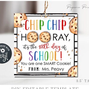 Editable 100 Days of School Gift Tag: Chip Chip Hooray (Digital Download)