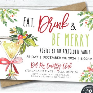 EDITABLE Eat, Drink & Be Merry Christmas Invitation, Holiday Party Invitation, Christmas Party Floral Invitation - DIY w/Corjl #CP55 (1)