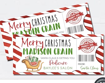 May include: Two printable Christmas gift vouchers with red and white striped backgrounds. The vouchers are for a pedicure at Baylee's Salon. The text on the vouchers reads "Merry Christmas [Name] Santa Claus is getting you a Pedicure at Baylee's Salon".