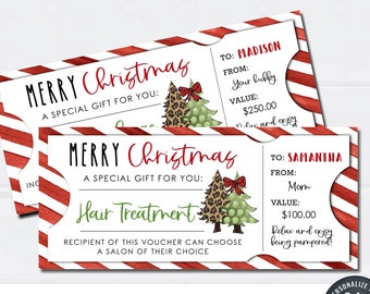 May include: Two printable Christmas gift voucher templates with a red and white striped background. The vouchers feature a festive Christmas tree with a leopard print design and the text "Merry Christmas, A Special Gift For You". One voucher is for a hair treatment and the other is for a gift valued at $250.00.