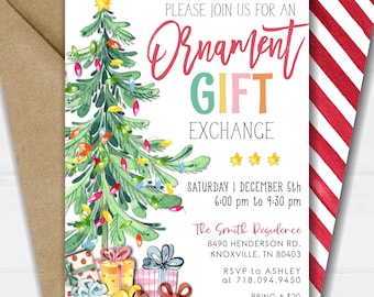 May include: A printable invitation for an ornament gift exchange party. The invitation features a watercolor illustration of a Christmas tree with presents underneath. The text reads "Please join us for an Ornament Gift Exchange" and includes the date, time, and location of the event. The invitation is decorated with a red and white striped pattern.