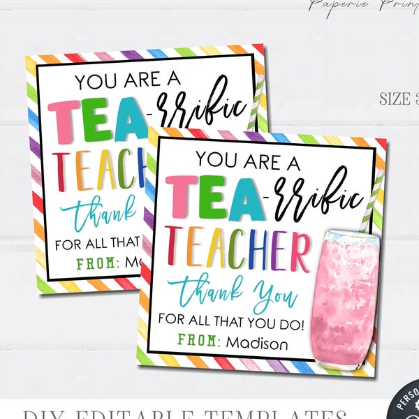 EDITABLE You're Tea-riffic Teacher Appreciation Gift Tag, Teacher Appreciation Tag, Ice Tea Teacher Appreciation, Edit w/ Corjl - #STG32(1)