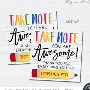 EDITABLE Pencil Teacher Appreciation Gift Tag, Pencil Teacher Gift, Take Note Teacher Gift Tag, You're Awesome, DIY Edit with Corjl #STG29