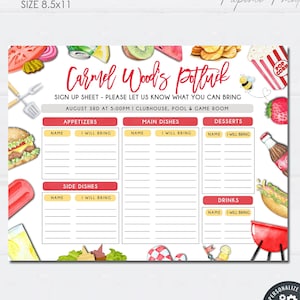 May include: A printable potluck sign-up sheet with a watercolor design featuring a variety of summer food items, including a hamburger, popsicle, hot dog, watermelon, and a bee. The sign-up sheet is divided into sections for appetizers, main dishes, desserts, side dishes, and drinks. The text on the sign-up sheet reads "Carmel Wood's Potluck" and "August 3rd at 5:00pm | Clubhouse, Pool & Game Room".