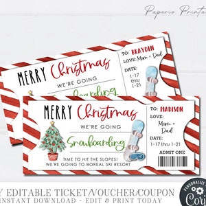 EDITABLE Snowboarding Trip Ticket, Ski Vacation Gift Coupon, Christmas Gift Voucher, Snowboarding Trip, Stocking Stuffer,DIY Corjl #CT23(26)