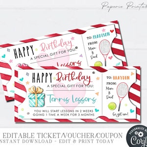 EDITABLE Tennis Lessons Gift Voucher, Birthday Gift Coupon, Tennis Classes Birthday Gift, Printable Gift Ticket, DIY with Corjl, #BC05(41)