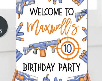 Editable Dart Gun Birthday Welcome Sign, Dart Gun Party Sign, Foam Dart Shooter Gun Birthday Party (DIY Corjl Template) #BP167