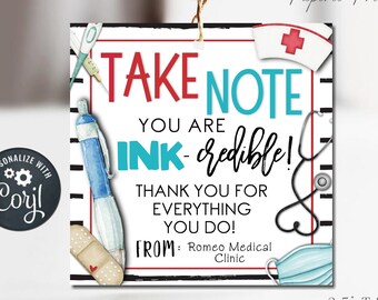 Editable Nurse Appreciation Gift Tag: Ink-credible Thank You (DIY Corjl Template) #NTG13