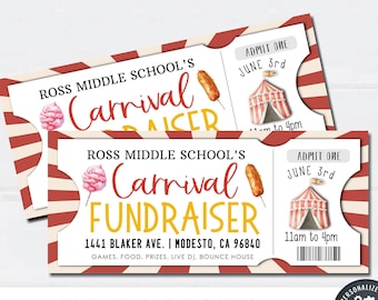Puede incluir: Dos plantillas de boletos de carnaval a rayas rojas y blancas con una ilustración de acuarela de una carpa, algodón de azúcar y un perro caliente. El texto en los boletos dice "Ross Middle School's Carnival Fundraiser" y "June 3rd 11am to 4pm".