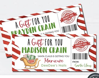 May include: Two printable gift certificate templates with a red and white striped background. The top template says "A Gift For You Prayden Crain" and the bottom template says "A Gift For You Madison Crain". Both templates feature a red and green sleigh with presents and the text "Santa Claus is getting you Maricure DeeDee's Nails".