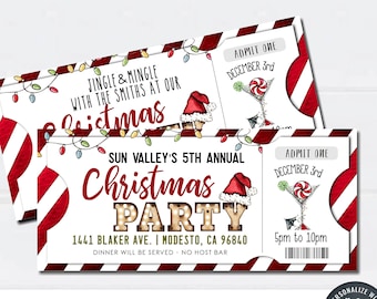 Könnte beinhalten: Editierbare Weihnachtsfeier-Ticketvorlage mit rot-weiß gestreiftem Hintergrund, mit einer festlichen Illustration eines Weihnachtsmann-Hutes und eines Martini-Glases mit einem Zuckerstangen. Der Text lautet "Jingle & Mingle with the Smiths at our Christmas Party" und "Sun Valley's 5th Annual Christmas Party".