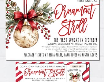 Ornament Stroll Flyer + Tickets, Editable Christmas Ornament Event Flyer, Editable Christmas Vouchers (Digital Download) - #CF57