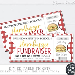 EDITABLE Hamburger Fundraising Tickets, Hamburger Printable Ticket, Hamburger Fundraiser Voucher, Hamburger Event Ticket DIY w/Corjl #FLYR07