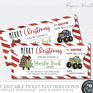 Biglietto regalo modificabile Monster Truck Show, Buono regalo di Natale, Buono Monster Truck Show, Stocking Stuffer, Fai da te con Corjl - #CT23(48)