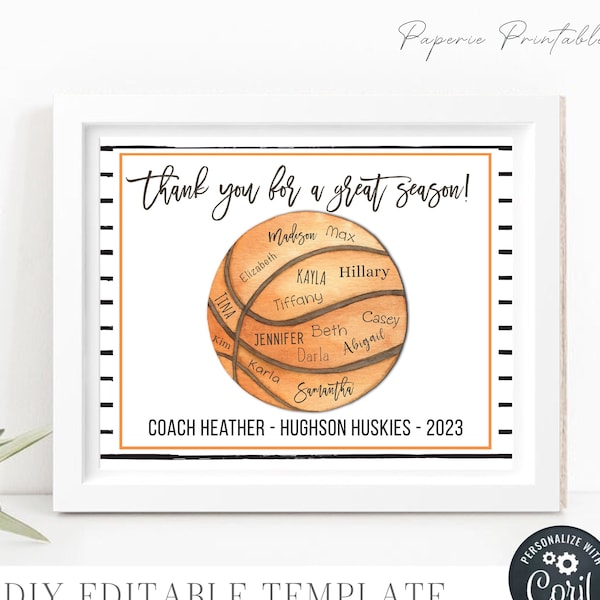 EDITABLE Basketball Coach Gift Printable, Coach Appreciation Gift, Team Gift for Coach Printable, Coach Gift, Corjl - DIY with Corjl, #CO13