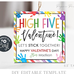 EDITABLE Sticky Hand High Five Valentine Gift Tag, Kids Valentine's Day Tag, Sticky Hands Valentine Gift Tag, DIY Edit with Corjl - #VT121
