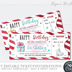 Editable Ice Skating Birthday Ticket: Printable Gift Voucher (DIY) #BC05