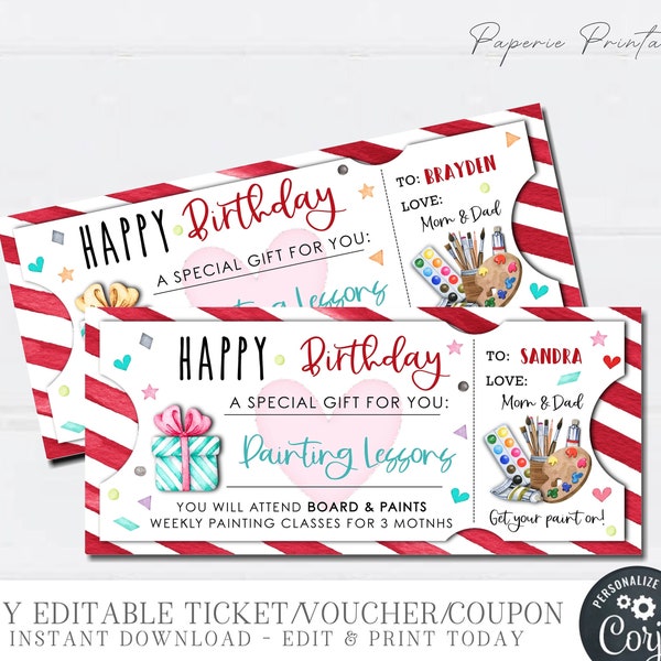 EDITABLE Painting Lessons Gift Voucher, Birthday Gift Coupon, Painting Classes Birthday Gift, Printable Gift Ticket, DIY Corjl, #BC05(45)