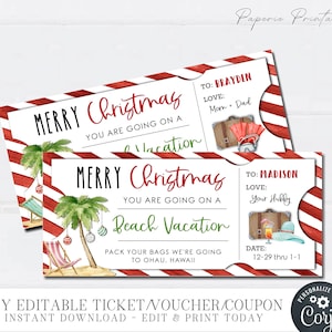 EDITABLE Christmas Vacation Ticket, Tropical Vacation Ticket Template, Christmas Gift Ticket, Hawaii Trip Ticket, Edit with Corjl, #CT23(24)