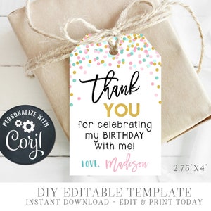 EDITABLE Confetti Birthday Favor Tag, Editable Favor Tag, Girl Birthday Party Favor Tags, DIY Editable Favor Tags - Edit with Corjl - #BP81