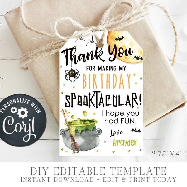 EDITABLE Halloween Birthday Party Favor Tags - Spooktacular Birthday Thank You Tag - Halloween Birthday Party - Edit with Corjl - #BP13