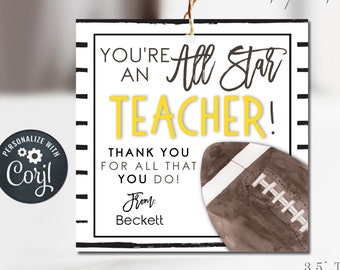 EDITABLE Teacher Appreciation Gift Tag, Football Teacher Appreciation Tag, All Star Thank You Teacher Tag, DIY Edit with Corjl - #STG50 (5)