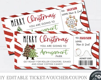 May include: Two printable Christmas gift vouchers with a red and white striped background. The vouchers say "Merry Christmas You Are Going To Amusement Park" and feature a cartoon amusement park ride. The text "Get Ready For Roller Coasters, Games And Some Cotton Candy!" is printed below the image. The vouchers are customizable with names and a message.