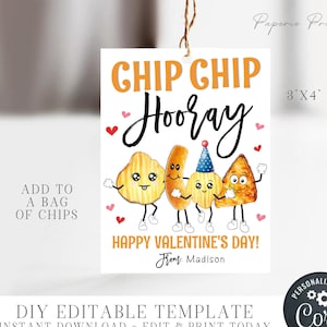 Editable Chip Valentine's Day Card, Chip Chip Hooray Valentine Printable, Bag of Chips Valentine Day, School Valentine Card DIY Corjl #VT106