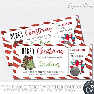 Coupon de bowling modifiable, coupon cadeau de bowling, bon cadeau de Noël, bon de billet de bowling, bas de Noël, bricolage avec Corjl - #CT23(36)