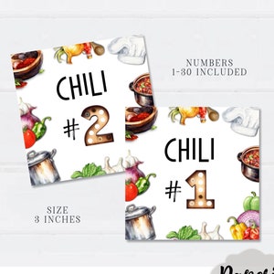 May include: Printable chili cook-off pot numbers, featuring a watercolor design of chili peppers, onions, garlic, and other chili ingredients. The numbers are 3 inches in size and include numbers 1-30.