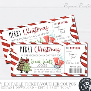 May include: Printable Christmas ticket voucher coupon with red and white stripes, a cartoon illustration of a Christmas tree and a wolf, and the text "Merry Christmas We're going on a day trip to Great Wolf Lodge Grab your swim suit and get ready for some fun!"