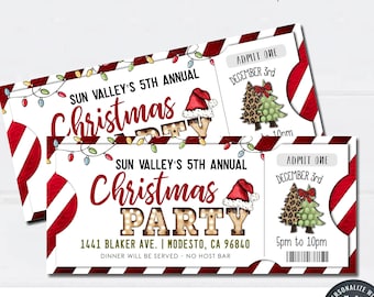 Könnte beinhalten: Zwei rot-weiß gestreifte Weihnachtsfeier-Ticketvorlagen mit festlichem Design. Die Tickets haben einen rot-weiß gestreiften Hintergrund, eine rot-weiße Weihnachtsmütze, einen grünen Weihnachtsbaum mit einer Leopardenmuster-Schleife und den Text "Sun Valley's 5th Annual Christmas Party".