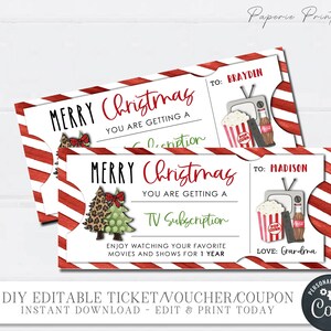 Ingresso de assinatura de TV EDITÁVEL Presente de Natal, Ingresso de TV de presente de Natal, Stocking Stuffer, Voucher de TV - Editar com Corjl - #CT23(42)