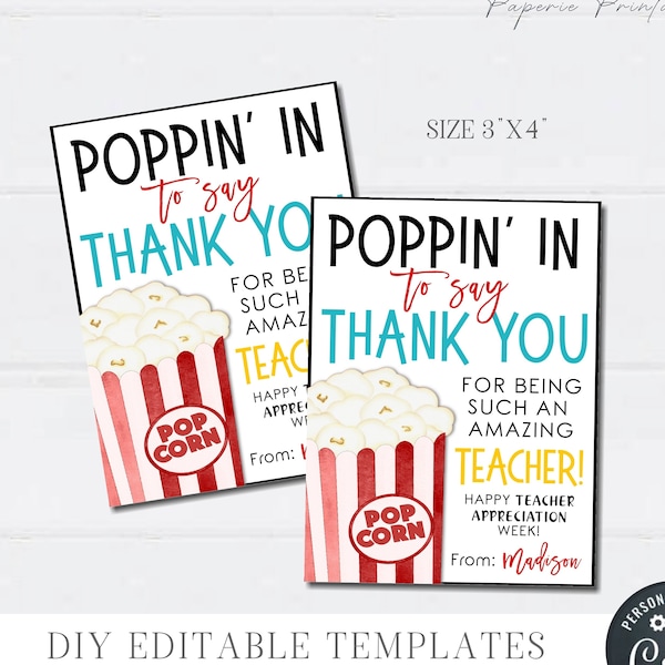 EDITABLE Popcorn Teacher Appreciation Gift Tag, Teacher Appreciation Tag, Thank You Popcorn Teacher Appreciation, Edit with Corjl, #STG35(1)