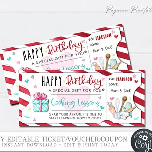 Editable Cooking Lessons Birthday Gift Ticket (Digital Download)