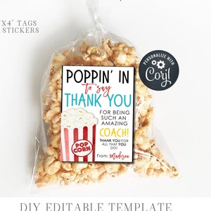 Editable Popcorn Coach Thank You Tag: Appreciation Gift (Digital Download)