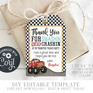Editable Monster Truck Favor Tags: DIY Birthday Party (Digital Download)