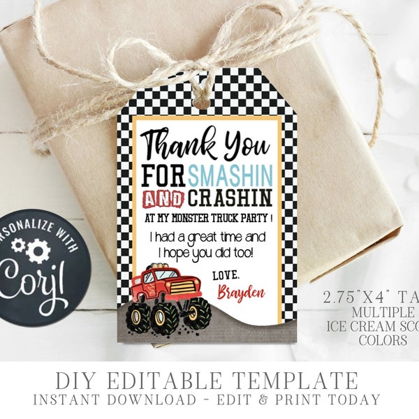 EDITABLE Monster Truck Favor Tags - DIY Party Favor Tags - Monster Truck Party Favor Tags - Monster Truck Birhtday-DIY Edit with Corjl-#BP10